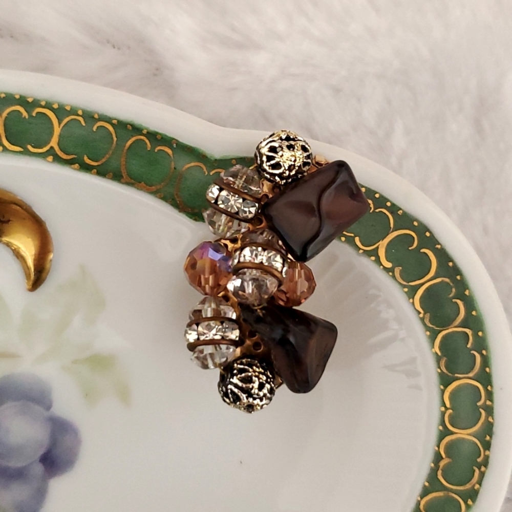 Faux topaz Tiger's Eye rhinestone clip on earrings Vintage Goldtone 60s Retro - Picture 4 of 6